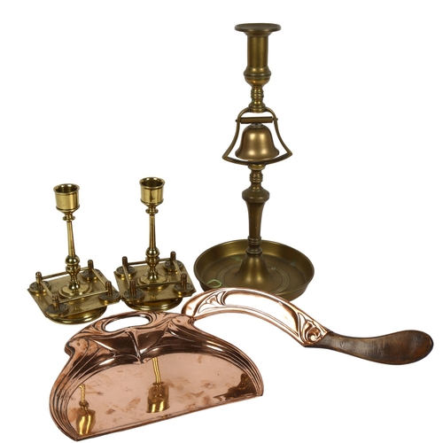 454 - An Art Nouveau copper crumb tray and brush, pair of Antique brass candlesticks, 15cm, and another wi... 