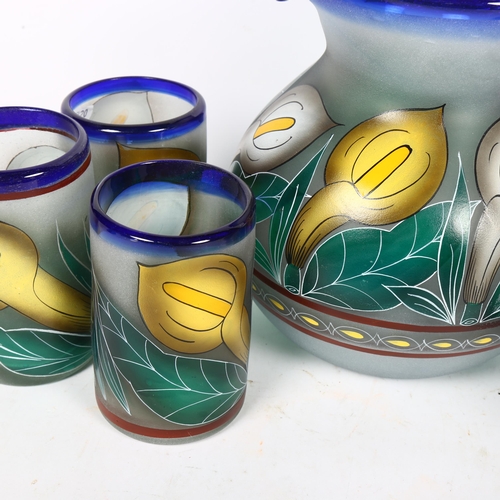 467 - A glass water set with waterlily decoration, jug height 23cm