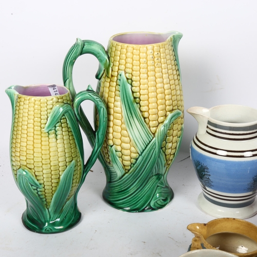 492 - 19th century Mocha Ware jug, 13.5cm, graduated pair of Majolica corn on the cob jugs, and 6 x 19th c... 