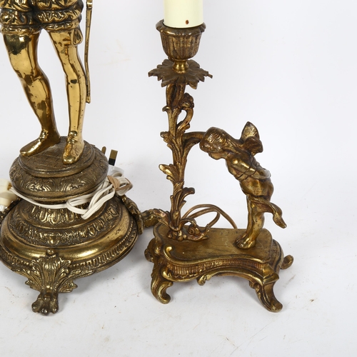 500 - A gilt-brass lamp modelled as a knight, on tripod paw base, height 63cm, and a pair of table lamps w... 