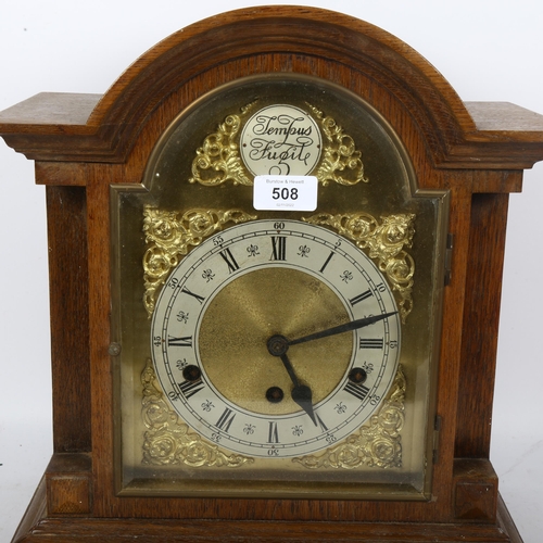 508 - An oak-cased 3-train mantel clock, height 37.5cm