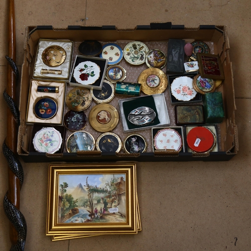 527 - A collection of compacts, a cobra stick, and a pair of Alpine scene panels