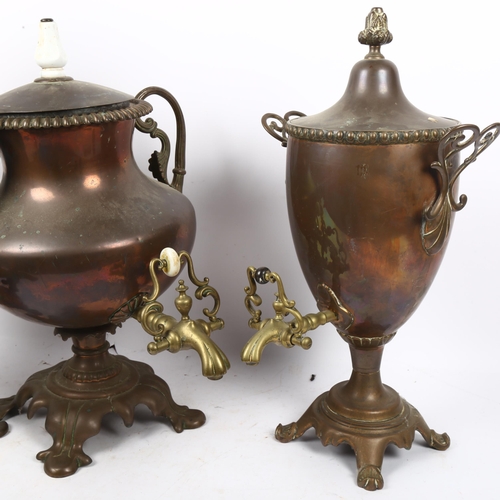 574 - 3 Antique copper samovars with brass taps, tallest 55cm