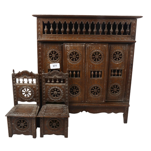 577 - An Antique Continental Folk Art table-top cabinet, with 2 sliding doors and allover turned spindled ... 