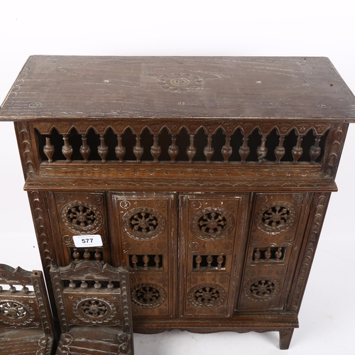 577 - An Antique Continental Folk Art table-top cabinet, with 2 sliding doors and allover turned spindled ... 