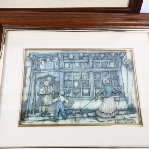 591 - A framed set of 4 moulded and painted Edwardian style shop scenes, largest 39cm across