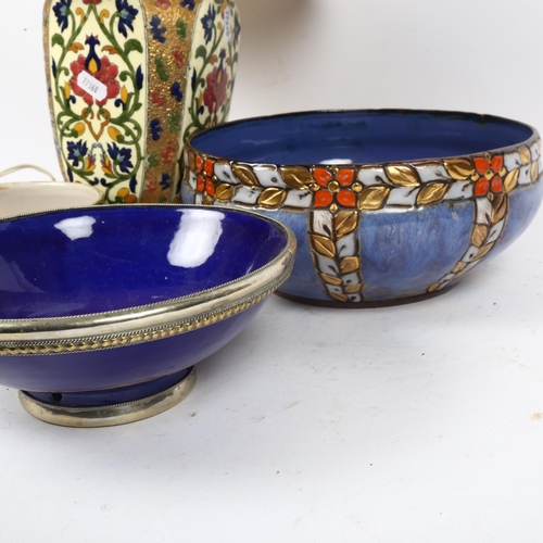 603 - 2 Doulton bowls, largest 25cm, a Continental bowl with white metal mounts, and a ceramic lamp and sh... 