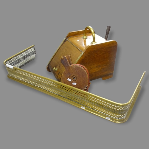 2689 - A brass fire fender, L109cm, a coal purdonium, a stool and a pair of bellows (4)