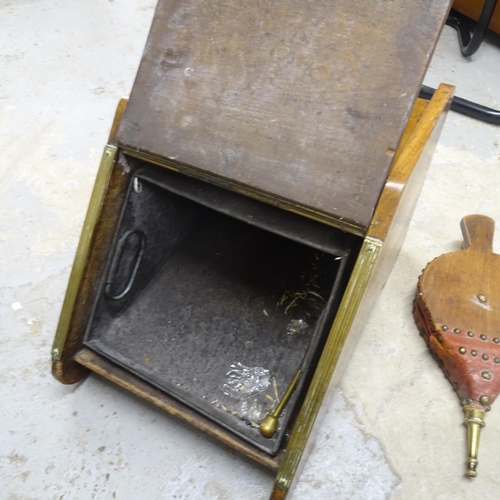 2689 - A brass fire fender, L109cm, a coal purdonium, a stool and a pair of bellows (4)