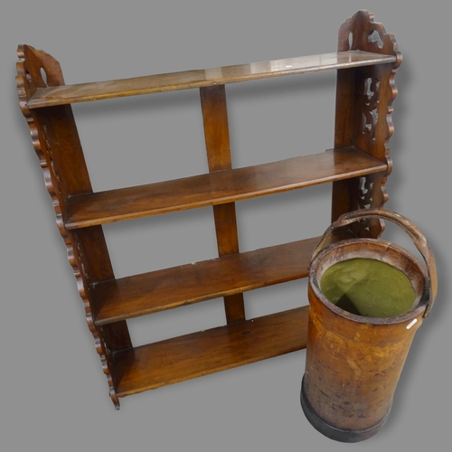 2692 - An Antique mahogany hanging shelf, 78 x 94 x 20cm, and a leather bucket, H68cm