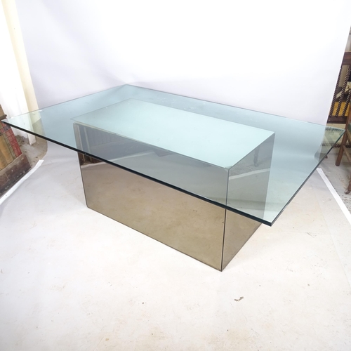 2693 - A contemporary glass-top dining table, on mirrored pedestal base, 190 x 70 x 120cm, and a set of 6 L... 