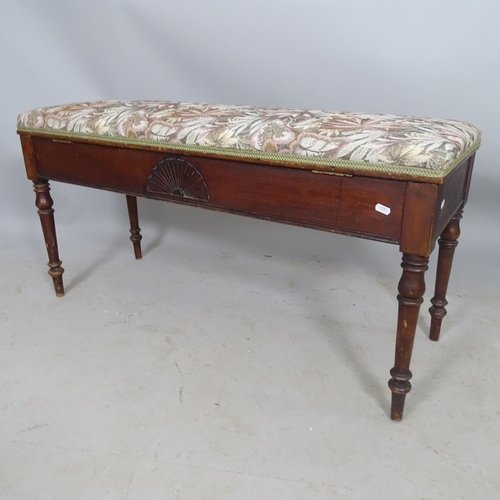 2696 - A 1930s mahogany and upholstered duet piano stool, with lifting seat, 108 x 56 x 40cm