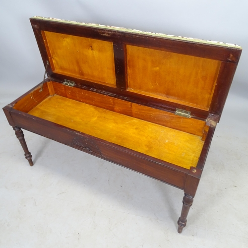 2696 - A 1930s mahogany and upholstered duet piano stool, with lifting seat, 108 x 56 x 40cm