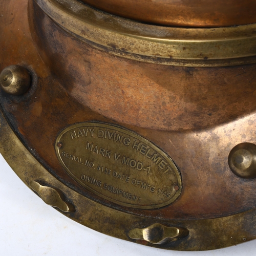 643 - A replica copper and brass Navy diving helmet, mark V MOD-1, on plaque on front serial no. 5123 date... 