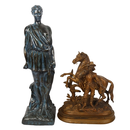 646 - A gilded spelter King Charles Cavalier figure on a plinth, and a composite Grecian or Roman figure, ... 