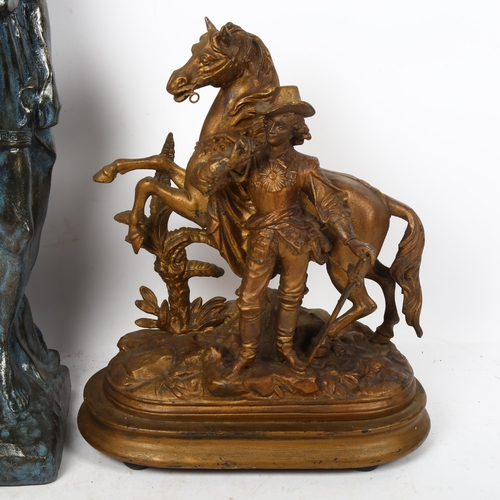 646 - A gilded spelter King Charles Cavalier figure on a plinth, and a composite Grecian or Roman figure, ... 