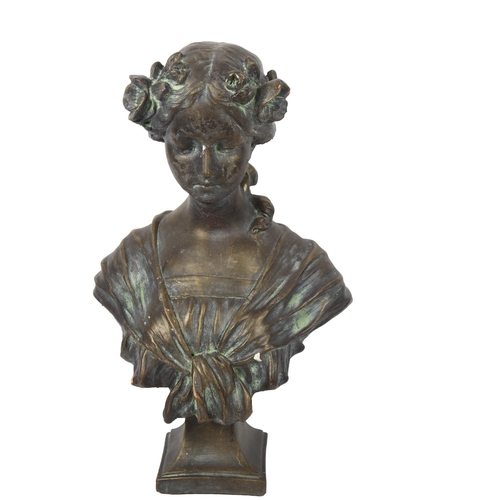 649 - A verdigris terracotta bust of a Roman female, height 46cm