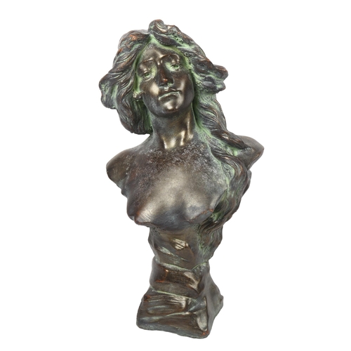 651 - A verdigris terracotta bust of a woman, Art Nouveau style, height 47cm