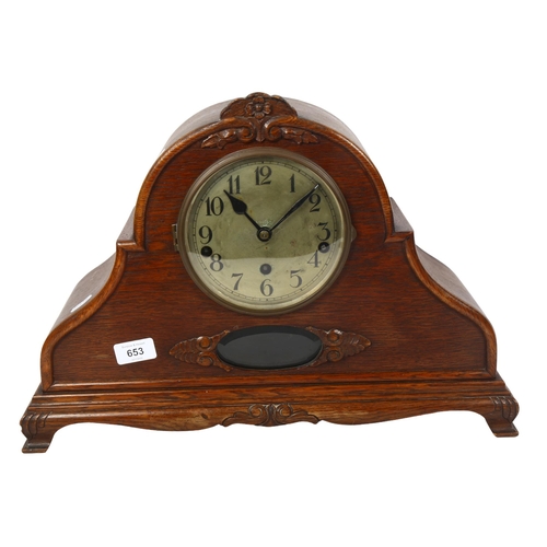 653 - An Edwardian oak-cased Napoleon hat mantel clock, height 33cm