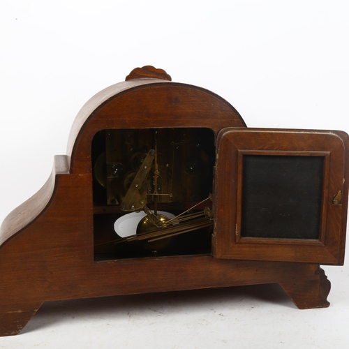 653 - An Edwardian oak-cased Napoleon hat mantel clock, height 33cm