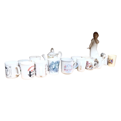 686 - A Lladro angel, and NAO girl in a nightgown, a collection of Royal commemorative jugs, tallest 28cm ... 