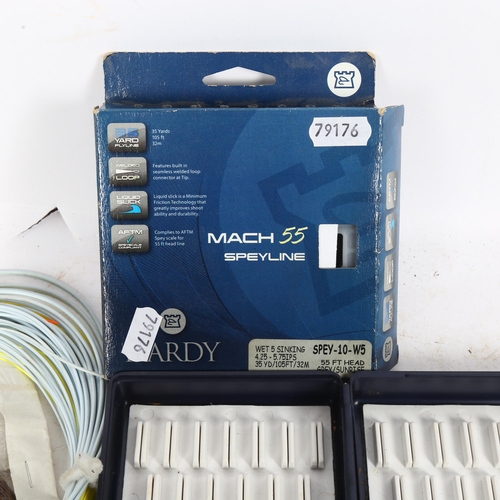 707 - Hardy Mach 55 Speyline and various other unused lines, and several Vintage fly fishing empty contain... 