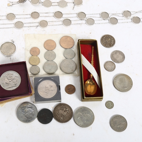 746 - A sixpenny coin necklace, other British pre-decimal coins, and an anointing spoon, 1953 Coronation