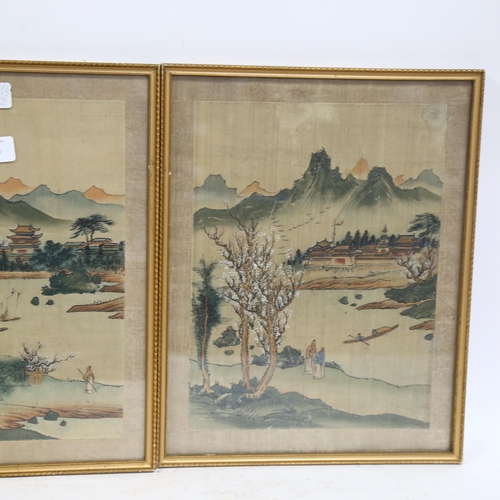 766 - 3 Chinese watercolours on silk, landscapes, early 20th century, 30cm x 22cm, framed