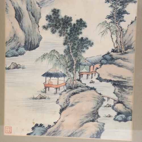 767 - A pair of Japanese painted landscapes, framed, height 95cm overall