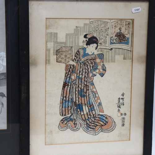 768 - A Japanese study of a Geisha, framed, height 50cm, and a floral picture