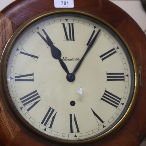 781 - ANSONIA, USA - a 20th century oak-framed dial wall clock, no key or pendulum, case width 36cm