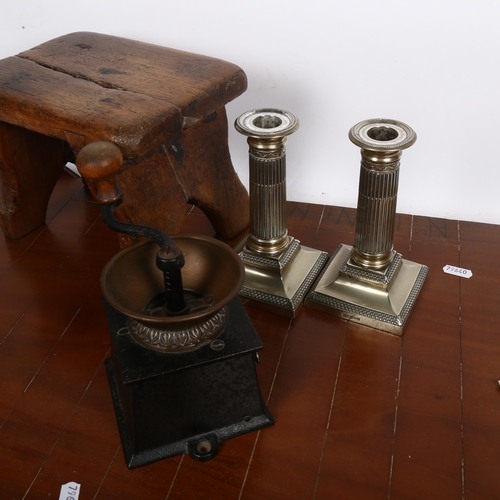 789 - Coffee grinder, plated candlesticks, shove penny board, and a rustic stool