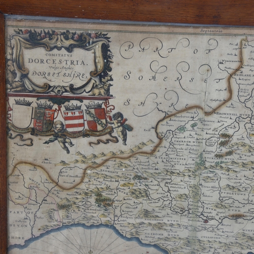 838 - An 18th century hand painted map of Dorsetshire, displayed in an oak-framed tray, 46 x 45cm