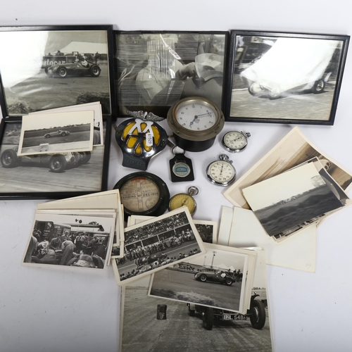 870 - A group of Vintage motor racing postcards, photographs, a Smiths clock, a tax disc dated 1928, 3 sto... 