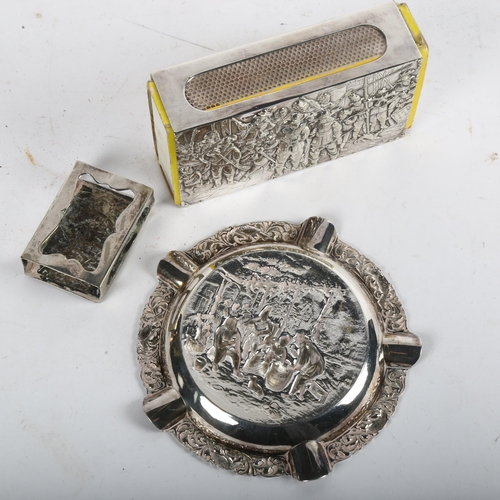 1012 - A large Dutch silver plated cigarette box holder, a similar small matchbox holder and matching ashtr... 