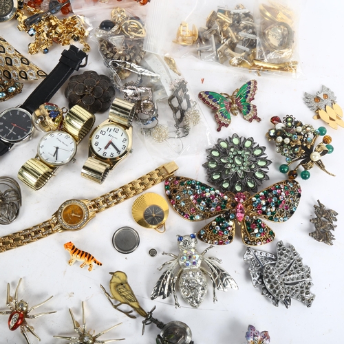 1036 - A box of mixed quartz wristwatches, various costume jewellery, butterfly brooches etc