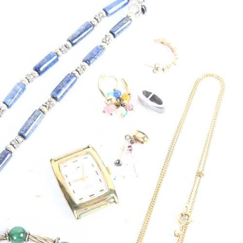 1048 - A lapis lazuli banded necklace, a 9ct gold earring, and other costume jewellery