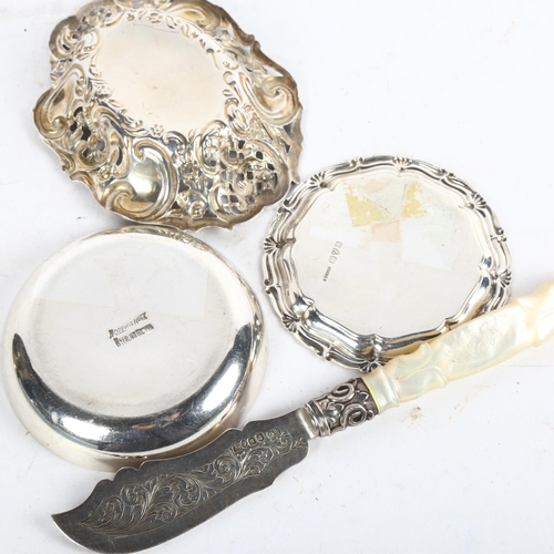 1078 - MAPPIN & WEBB - a small sterling silver dish, a pierced silver dish, another, and a mother-of-pearl ... 