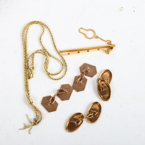 1086 - A group of 9ct gold jewellery, to include 2 pairs of cufflinks, a tie clip, and necklace, 16.6g