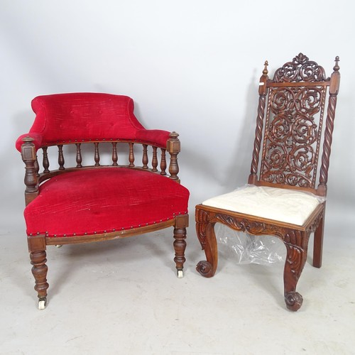 2705 - A modern mahogany and upholstered hall chair, with allover carved decoration, and an early 20th cent... 