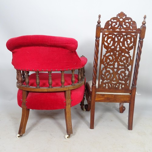 2705 - A modern mahogany and upholstered hall chair, with allover carved decoration, and an early 20th cent... 