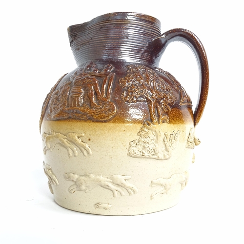 414 - A collection of Victorian and later jugs, including stoneware, a Bacandian? design, hunting scene mu... 