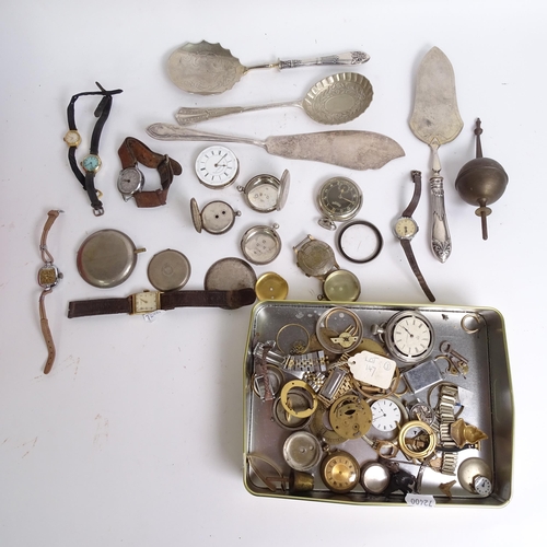 1035 - A large quantity of pocket watch dials, movements, cases, including some silver, and 4 plated server... 