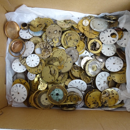 1035 - A large quantity of pocket watch dials, movements, cases, including some silver, and 4 plated server... 