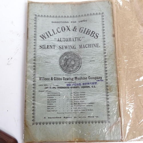 265 - Willcox & Gibbs Antique sewing machine - dated 1883, serial no. A362673 - with original box and inst... 