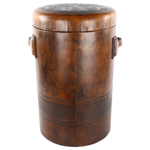 35 - A mid-century leather work laundry bin by Hidecraft, New Zealand, original label, height 53cm