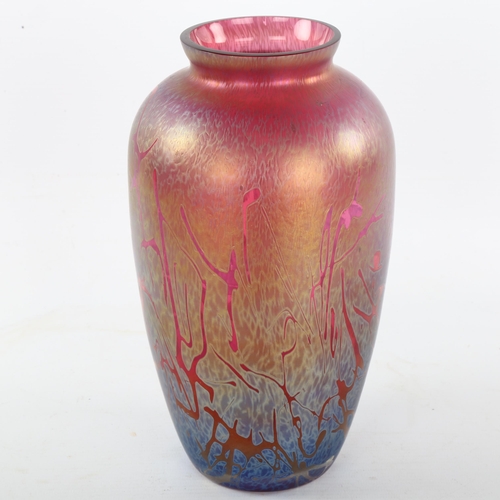 43 - Royal Brierley studio, an iridescent cranberry glass vase, signed to base, height 23.5cm