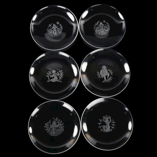 34 - A set of 6 Orrefors glass dishes, with etched glass Polonesian figures, by EDWARD HALD, all marked t... 