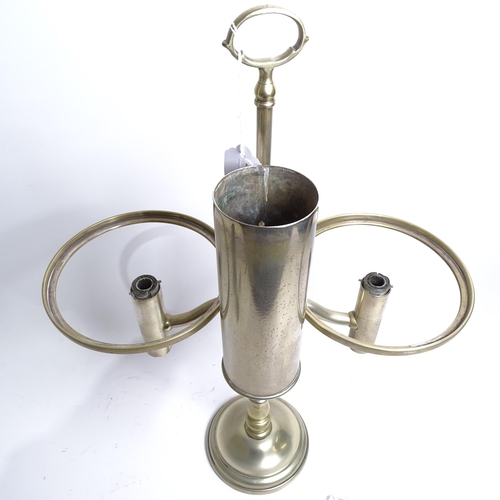 57 - MILLER & SONS PICADILLY - a polished brass double adjustable student's oil lamp, with green glass sh... 