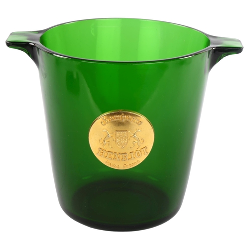 111 - A vintage green glass Champagne bucket, applied metal plaque for Henriot Champagne, height 20cm